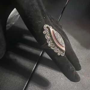 Sterling Silver Openwork Marcasite Shield and Mother of Pearl Cocoon Ring SZ 6